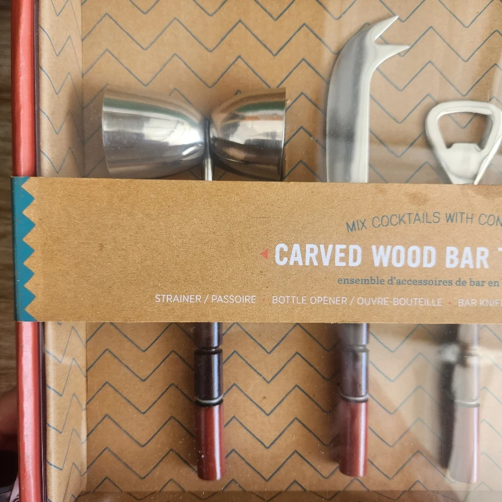 NWT West Elm 4 Piece Carved Wood Bar Ware Cocktail Bartender Tools